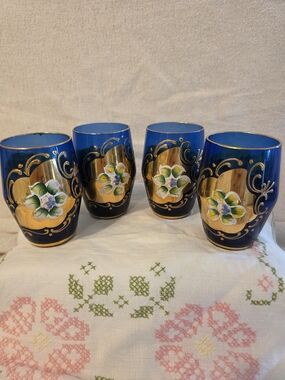 Vintage Bohemian Czech Cobalt Blue Hand‑Painted Floral Enamel Glasses Set of 4